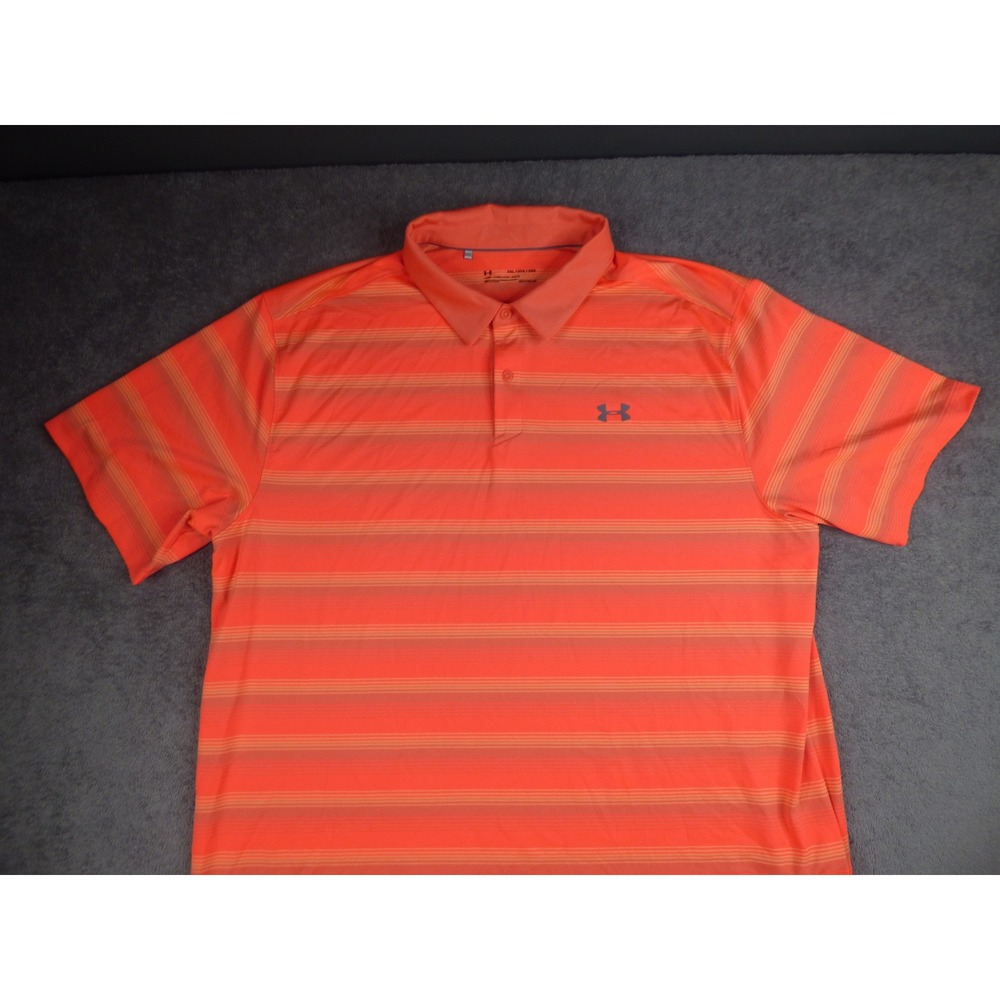 Under Armour Heatgear Mens 2XL Polo Shirt Orange Striped Short Sleeve Loose Fit